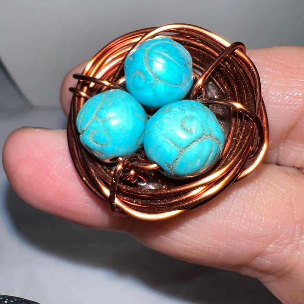 Vintage Copper Wire and Turquoise Bead Bird‎ Nest Brooch
